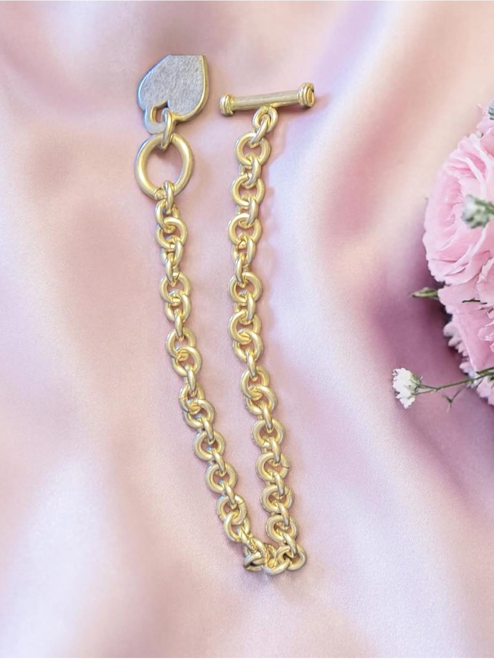 sterling silver Rolo link heart charm toggle bracelet